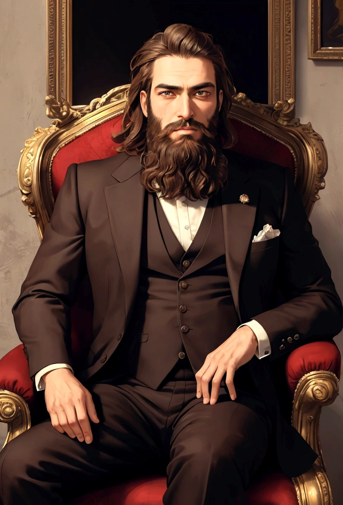 (Masterpiece, Best Quality:1.2), wise philosopher, with beard, old style suit, Brown eyes, looking towards the camera sitting in his chair