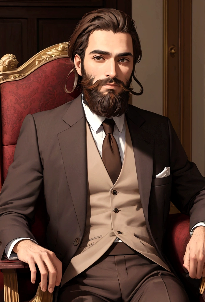 (Masterpiece, Best Quality:1.2), wise philosopher, with beard, old style suit, Brown eyes, looking towards the camera sitting in his chair