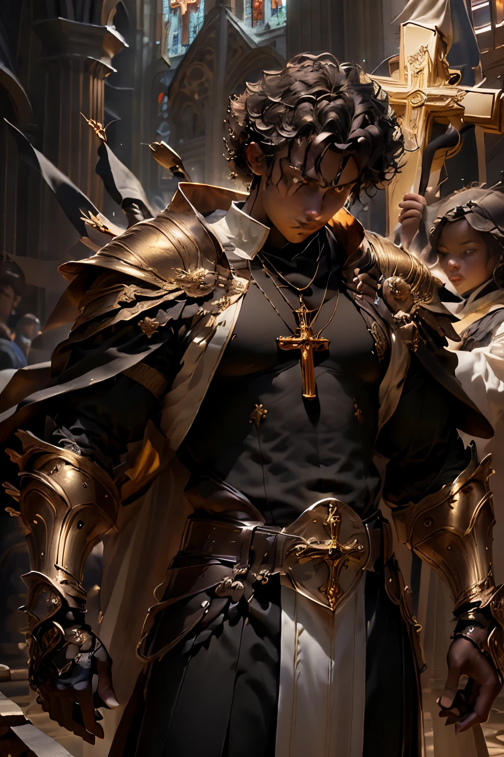 a black dark skin, male, with brown burst fade curly hair, brown big eyes, big lips, though looking, light domain cleric priest,with a golden Christian cross necklace, in a church, full body photo