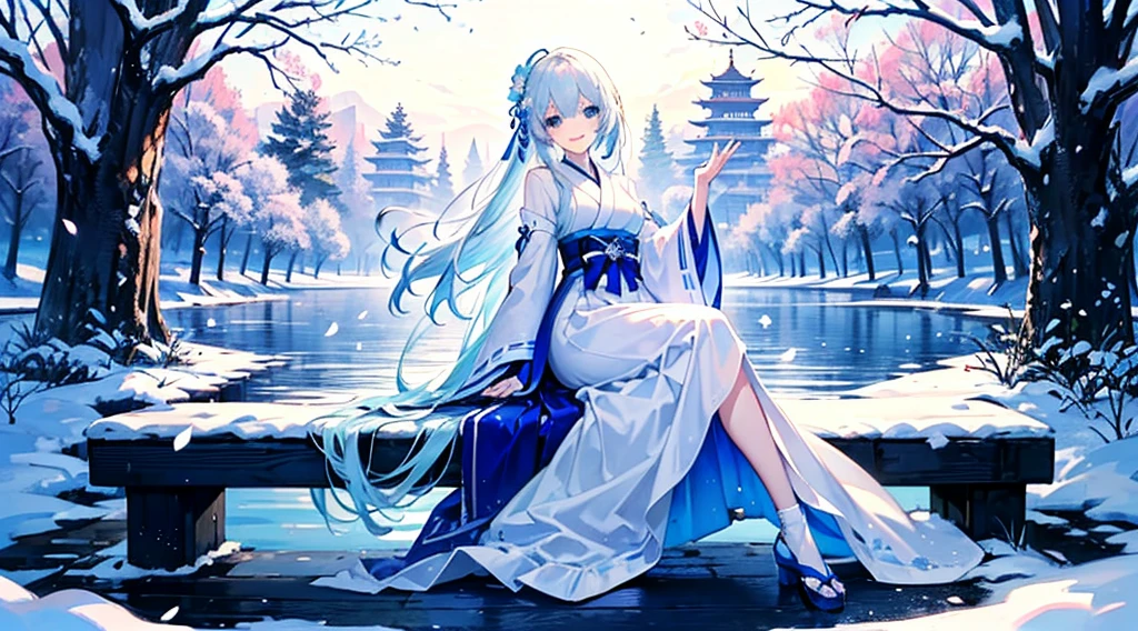 ((best quality,masterpiece,Extremely complex and exquisite details,There is only one beautiful girl with long white straight hair and blue eyes,Smile,long skirt)),(Exquisite light blue and white Japanese clothing,Beautiful bright and exquisite snow white ancient style high transparent architectural background),(correct anatomy,exquisite face),(touch flowers,Snow,Falling Flowers,Majestic and elegant outdoors),((Long-distance full body picture of a single person,Sitting by the lake))