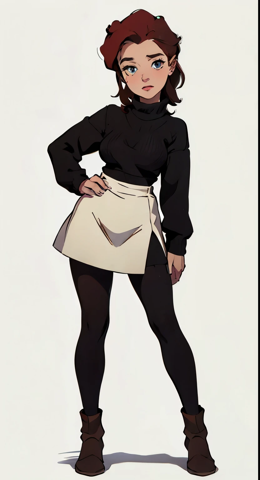 Fmasterpiece, best quality, full body,1girl,the highest image quality, 21-year-old woman, looks like Emilia Clarke with brown skin, red hair, short brown hair, light brown eyes, oversized sweater and black gym tights, large breasts, White background, empty background whole body , neutral pose, happy expression