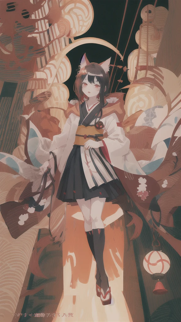 A woman in a kimono with cat ears and a red cape, Official Art, nezuko, by Kamisaka Sekka, itatchi uchiha, Japanese anime style, Anime-style artwork, Inspired by Urakami Gyokudō, Official Artwork, Inspired by Makishiro, nezuko-chan, Hyuuga Hinata