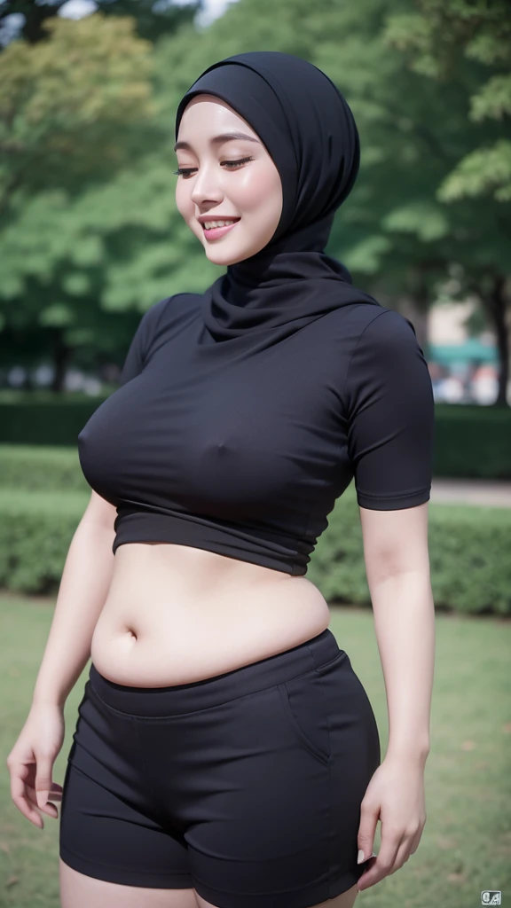 1 woman, woman wearing a hijab, Asian woman with a slightly fat body, 32 years old, charming, seductive, closed her eyes, smiling, big breasts, big hips, wearing a tang top and women's short pants, standing in a park, full HD, BEST QUALITY, REALISTIC