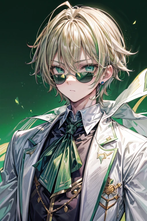 (masterpiece, best quality, perfect face, expressive eyes), 1boy, (anime), (), (male), blonde hair, green eyes, green ombre, white vest, green suit, green sunglasses, emerald earrings,
