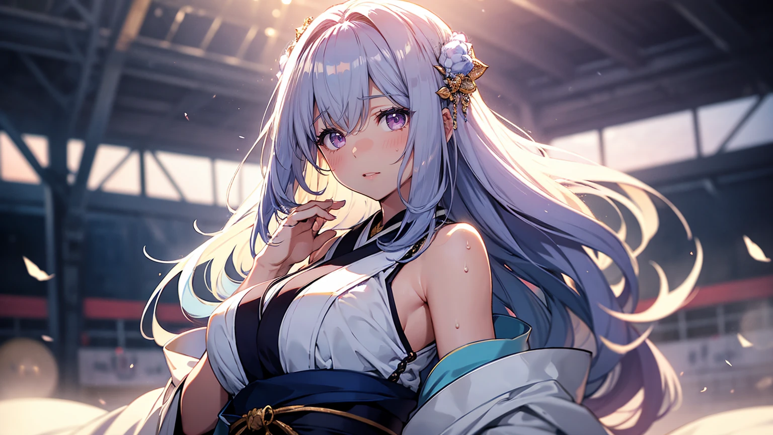 A 20-year-old Japanese idol with a delicate and beautiful face, large eyes, and translucent skin is singing on stage in an idol's costume and with an enchanting expression on her face. A gentle, warm light surrounds her. The background is filled with soft out-of-focus light, and the pale blue and purple tones create a dreamy, serene, and enchanting atmosphere. Sweat glistens and surrounds her, enhancing the fantastic and ethereal atmosphere. Emphasis on the armpits