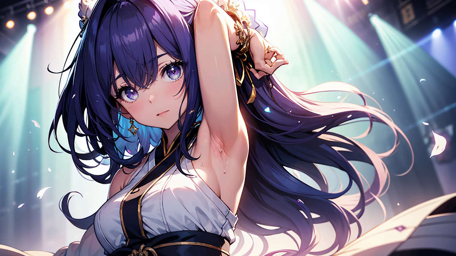A 20-year-old Japanese idol with a delicate and beautiful face, large eyes, and translucent skin is singing on stage in an idol's costume and with an enchanting expression on her face. A gentle, warm light surrounds her. The background is filled with soft out-of-focus light, and the pale blue and purple tones create a dreamy, serene, and enchanting atmosphere. Sweat glistens and surrounds her, enhancing the fantastic and ethereal atmosphere. Emphasis on the armpits