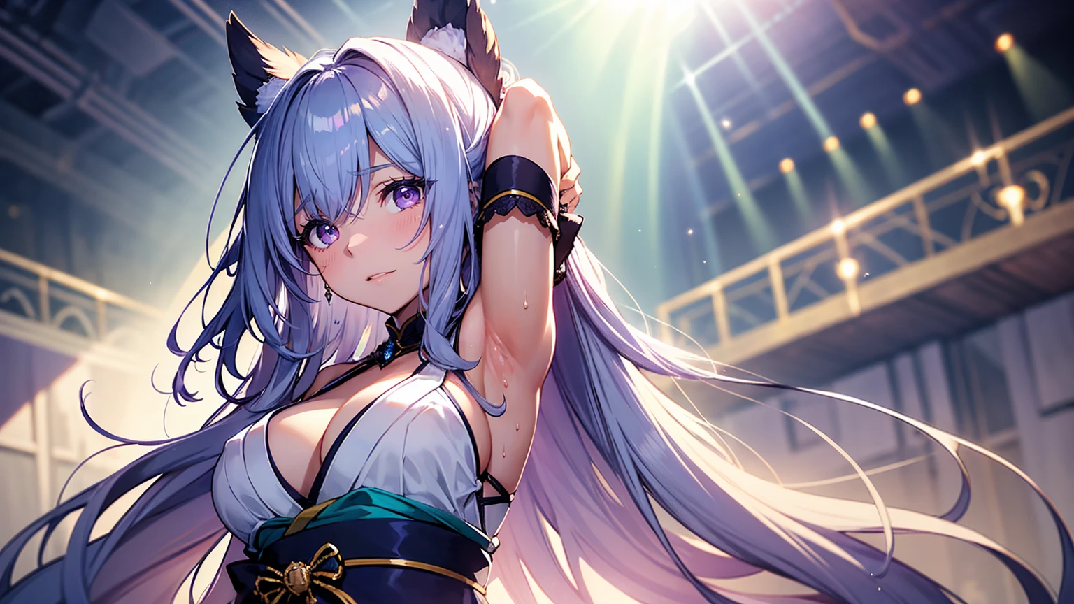A 20-year-old Japanese idol with a delicate and beautiful face, large eyes, and translucent skin is singing on stage in an idol's costume and with an enchanting expression on her face. A gentle, warm light surrounds her. The background is filled with soft out-of-focus light, and the pale blue and purple tones create a dreamy, serene, and enchanting atmosphere. Sweat glistens and surrounds her, enhancing the fantastic and ethereal atmosphere. Emphasis on the armpits