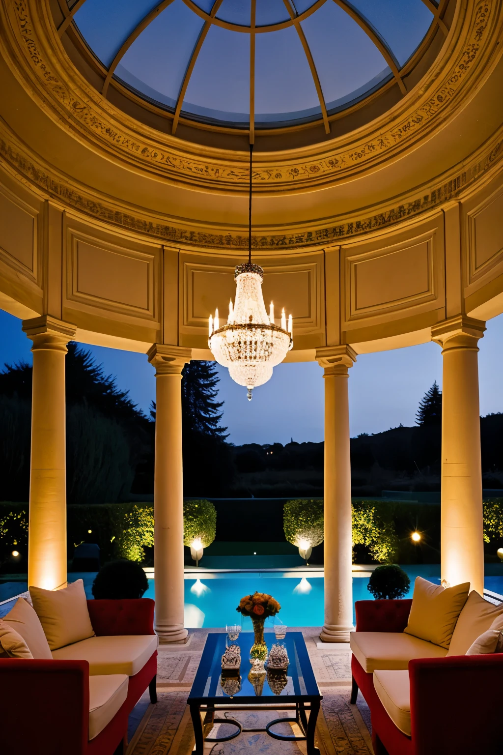 Intérieur de grande villa, Grand salon moderne, Encadrements en verre, Voir le jardin, autour relié à la cuisine, Salon et bar. Espace nuit, lumière brillante, plein d'équipements modernes et coûteux, parquet, lumières décoratives, canapé, verrerie, des vases, laisser tomber les lumières, livre, jardin, Beautiful laisser tomber les lumières, Tout est parfait en proportion, Dimensions et normes du standard 6 étoiles