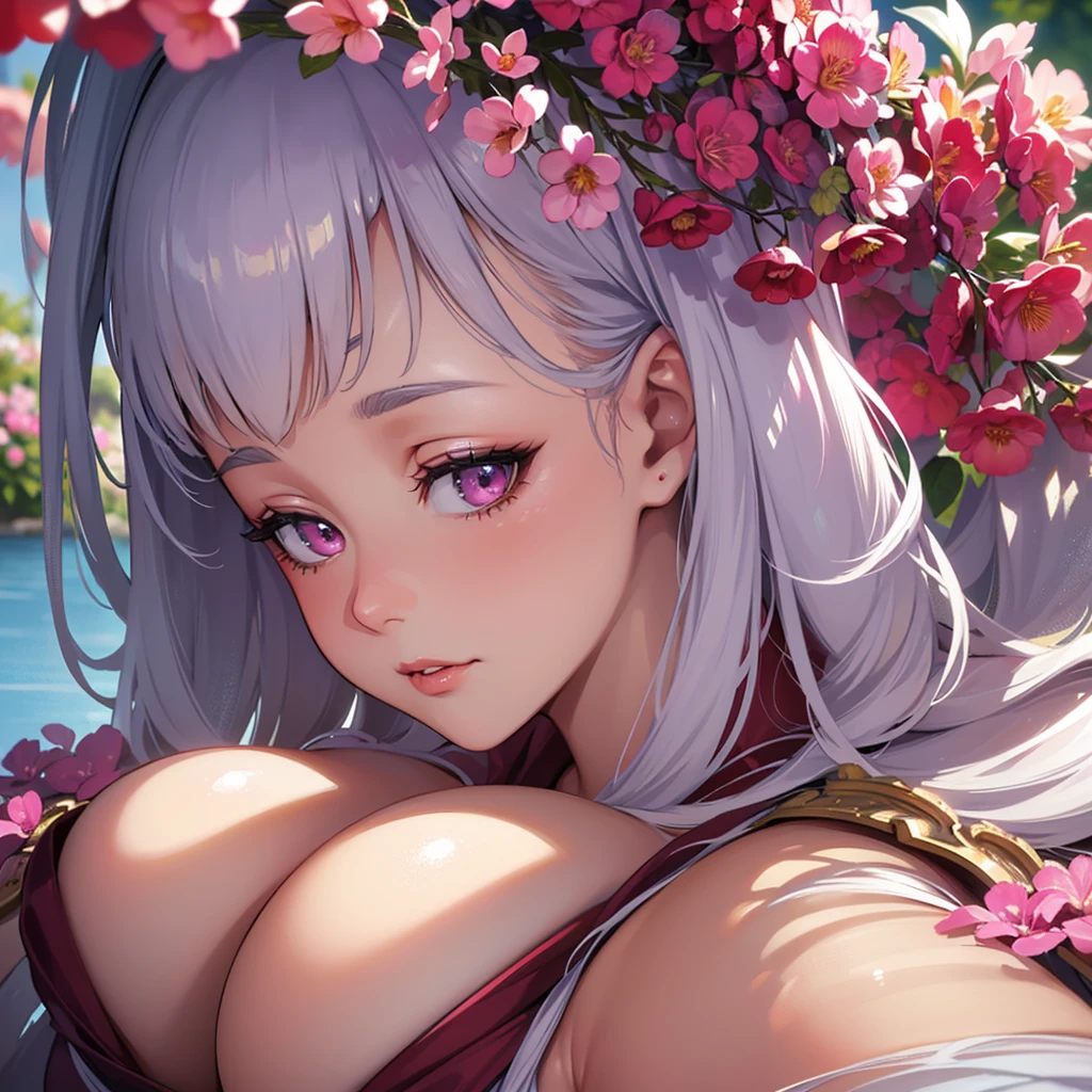 beautiful detailed eyes, beautiful detailed lips, extremely detailed eyes and face, long eyelashes, 1girl, hybrid woman and rabbit, white hair, pink eyes, wearing pink swimsuit, with niece, oriental scene, best quality, 4k, 8k, highres, masterpiece:1.2, ultra-detailed, realistic, photorealistic, photo-realistic:1.37, hdr, uhd, studio lighting, ultra-fine painting, sharp focus, physically-based rendering, extreme detail description, professional, vivid colors, bokeh, portraits, fantasy