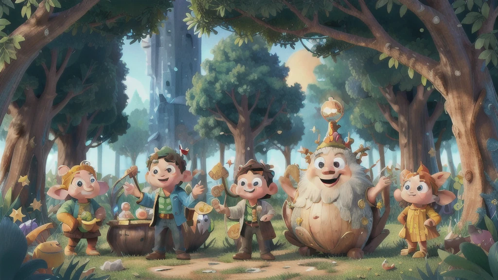 "Design a whimsical and captivating banner for a YouTube channel named 'Magic Minute Stories.' Include elements like a magical forest with talking animals, a castle in the clouds, children reading books under a starry sky, and a large hourglass pouring glittering stars. Use vibrant colors and a fairy tale aesthetic to evoke a sense of wonder and imagination. Incorporate the channel name 'Magic Minute Stories' prominently in playful, child-friendly typography."