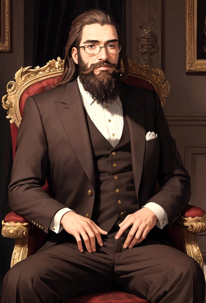 (Masterpiece, Best Quality:1.2), wise philosopher, millionaire with beard, old style suit, Brown eyes, looking towards the camera sitting in his chair