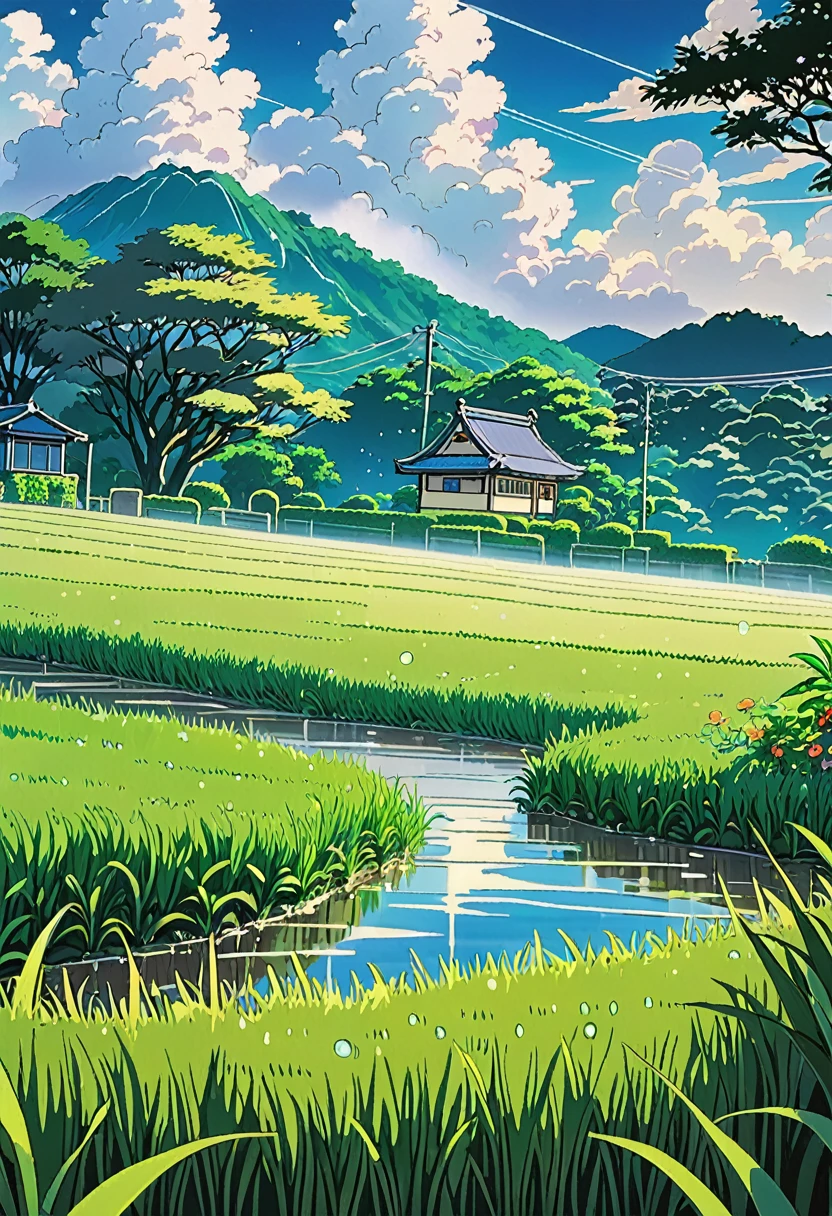 grass field while contemplating, detailed expression, heavy rain weather, the rain, the field is transformed into a dreamlike landscape straight out of a Studio Ghibli movie. The delicate details and vibrant colors make this a truly unique and captivating image. angle from below, sunlight ray,

