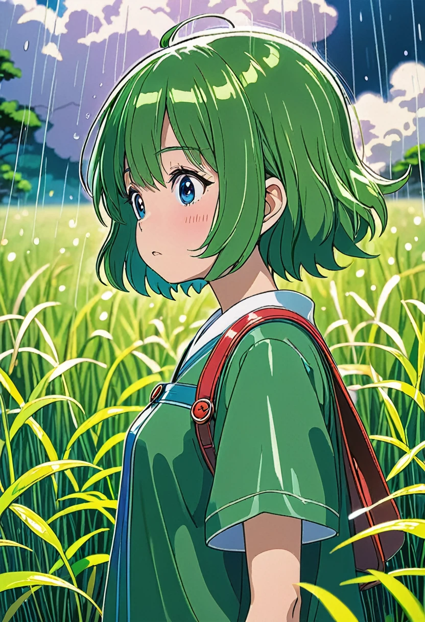 grass field while contemplating, detailed expression, heavy rain weather, the rain, the field is transformed into a dreamlike landscape straight out of a Studio Ghibli movie. The delicate details and vibrant colors make this a truly unique and captivating image. angle from below, sunlight ray,

