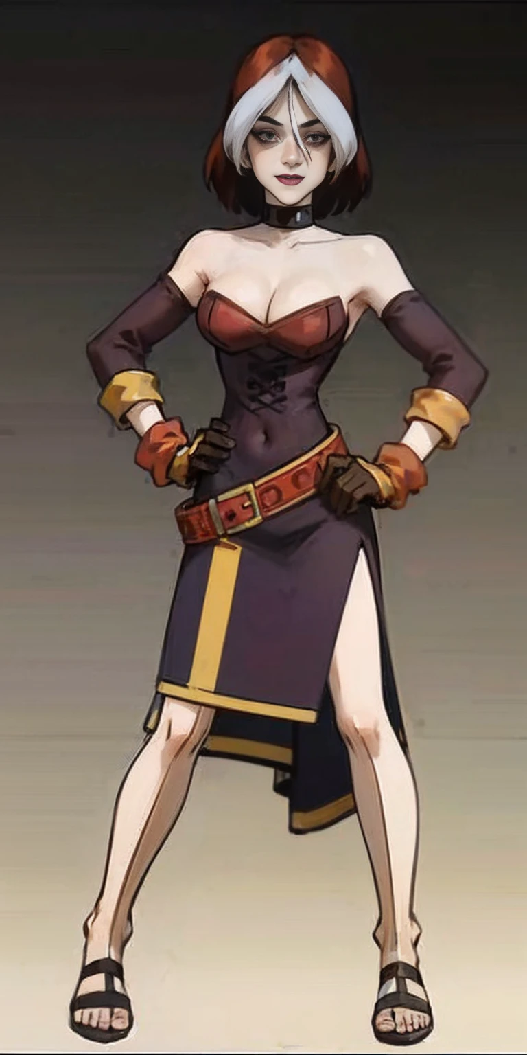 ((BLACK BACKGROUND,1:2, masterpiece)) full body MILF BIMBO standing with two long thighs and two metal sandals, red eyes, two-tone hair, brown hair, silver white hair, short bob style hair, big breasts, cleavage, separate sleeves, tiara royal, long cape up to two feet, yellow bikini, hands on waist, navel, toned body, lustful smirking smiling, smile face (red blushed, red cheeks), metal shoulders, gold sleeveless armbands, black leather choker slave collar (leather choker with big golden bell), shackle bracelets, red crest, pauldrons, breastplate, leather corset, eye focus, full body, whole body, 1solo, loincloth standing, hands on hips, big belt, view from below, feet together, bracers, tiara)
