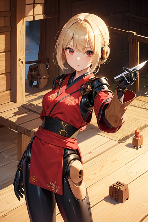 ((Wooden Humanoid Robot)),kimono,Wood grain body,Made to resemble a girl,knife,Combat Ready,The background is a castle town,Jet engine on your hip