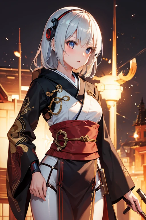 ((Wooden Humanoid Robot)),kimono,Wood grain body,Made to resemble a girl,knife,Combat Ready,The background is a castle town,Jet engine on your hip