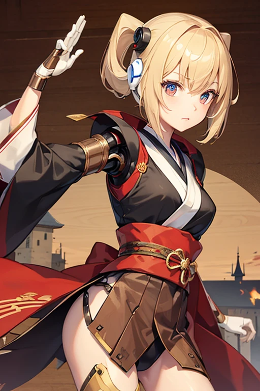 ((Wooden Humanoid Robot)),kimono,Wood grain body,Made to resemble a girl,knife,Combat Ready,The background is a castle town,Jet engine on your hip
