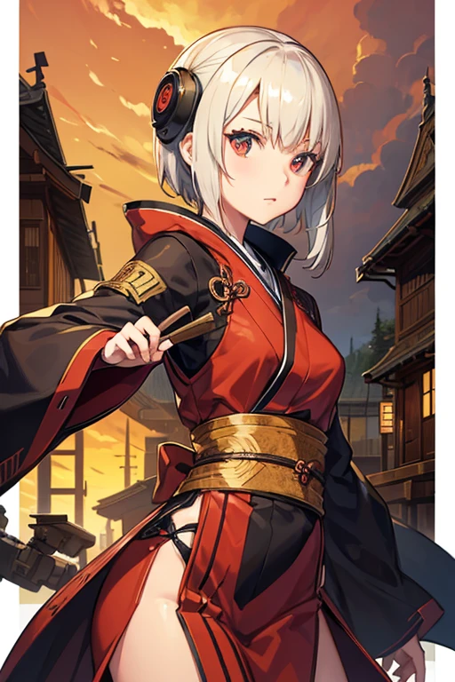 ((Wooden Humanoid Robot)),kimono,Wood grain body,Made to resemble a girl,knife,Combat Ready,The background is a castle town,Jet engine on your hip