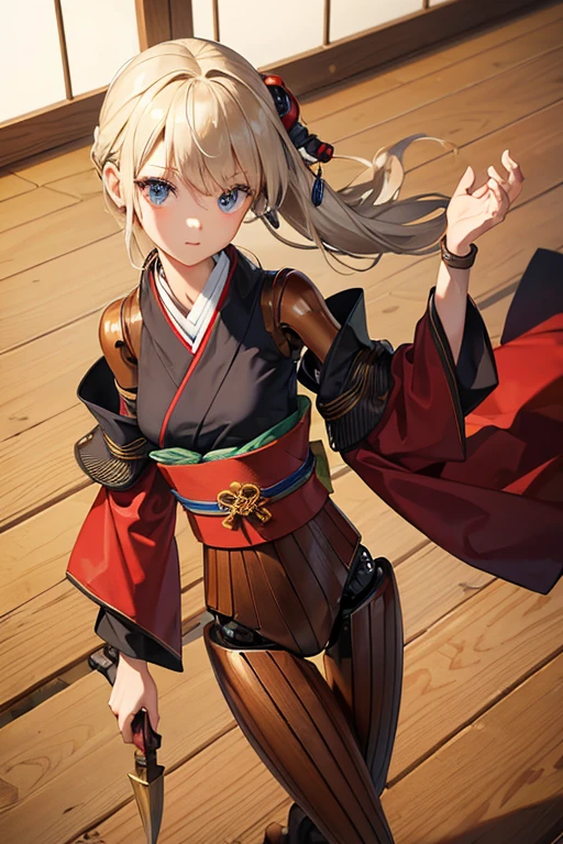 ((Wooden Humanoid Robot)),kimono,Wood grain body,Made to resemble a girl,knife,Combat Ready,The background is a castle town,Jet engine on your hip
