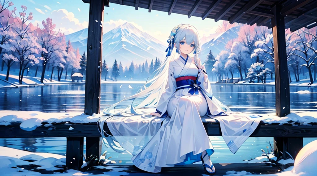 ((best quality，masterpiece，Extremely complex and exquisite details，There is only one beautiful girl with long white straight hair and blue eyes，Smile，long skirt))，(Exquisite light blue and white Japanese clothing，Beautiful bright and exquisite snow white ancient style high transparent architectural background)，(correct anatomy，exquisite face)，(touch flowers，Snow，Falling Flowers，Majestic and elegant outdoors)，((Long-distance full body picture of a single person，Sitting by the lake))