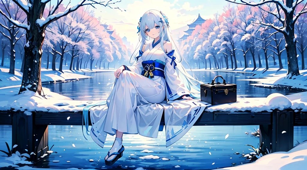 ((best quality,masterpiece,Extremely complex and exquisite details,There is only one beautiful girl with long white straight hair and blue eyes,Smile,long skirt)),(Exquisite light blue and white Japanese clothing,Beautiful bright and exquisite snow white ancient style high transparent architectural background),(correct anatomy,exquisite face),(touch flowers,Snow,Falling Flowers,Majestic and elegant outdoors),((Long-distance full body picture of a single person,Sitting by the lake))
