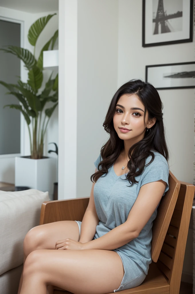 A beautiful Latina woman sitting in her modern apartment, with a serene and relaxed expression.
