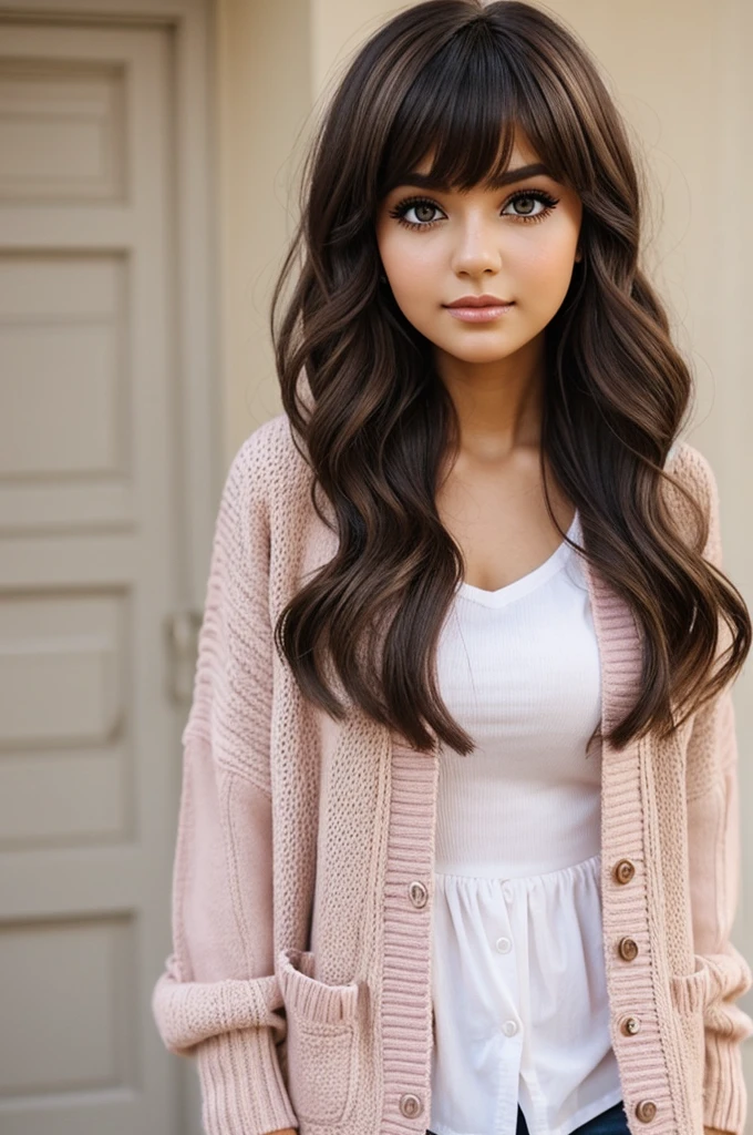 make a blythe doll like this:
1. **Hair:**
- **Style:** Short and curly with straight bangs.
- **Color:** brown
2. **Eyes:**
- **Shape:** Round.
- **Color:** Brown.
3. **Face:**
- **Complexion:** Light.
- **Makeup:** Natural look with a focus on the eyes (similar eyeliner style).
4. **Outfit:**
- **Color:** Light pink cardigan, brown inner top.
- **Accessories:** Pink strap, choke