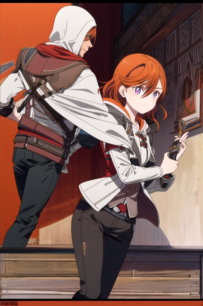 A girl, wearing a Young man in Assassins Creed style outfit, brown clothes, red hair, hoodie. holding a dagger, Assasins creed black pants, a plain poster background,hair orange,eyes purple