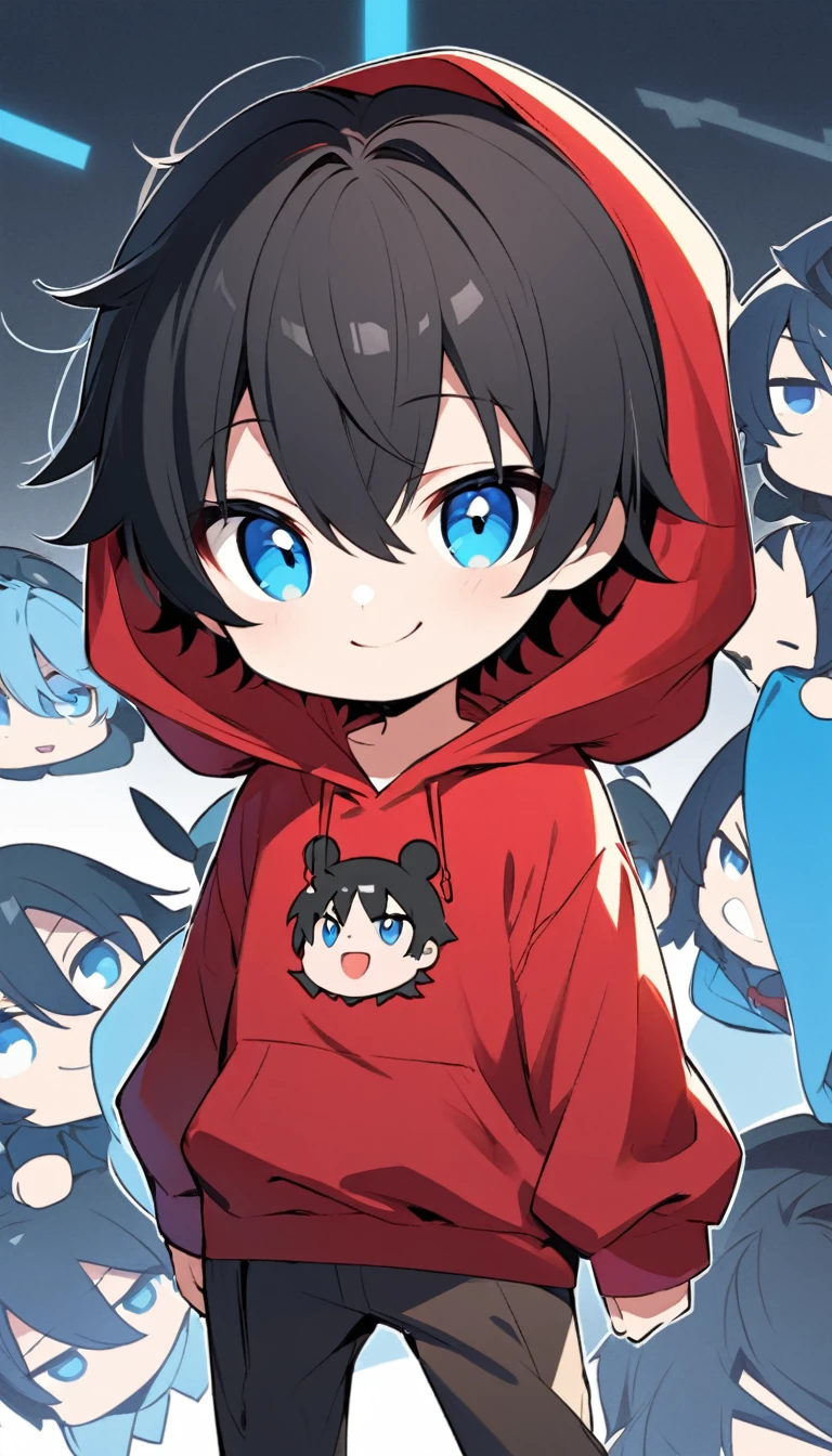 Create an anime style illustration The character is a chibi style character The character is a young man with short black hair and blue eyes He is wearing a red hoodie with a black hood The character has a slightly mischievous expression One corner of his mouth is turned up in a smile The background is a simple light blue color