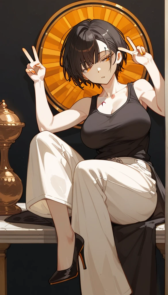masterpiece, Score_9, Score_8_up, Score_7_up,1 woman, alone, black hair, very short hair, split bangs, gold and orange eyes, half-closed eyes, parted lips, expressionless, pale skin, large breasts, many scars, one scar on one eye, best quality, long open bangs, black sleeveless shirt, black V-neck, baggy pants, high heels