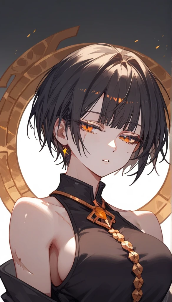 masterpiece, Score_9, Score_8_up, Score_7_up,1 woman, alone, black hair, very short hair, split bangs, gold and orange eyes, half-closed eyes, parted lips, expressionless, pale skin, large breasts, many scars, one scar on one eye, best quality, long open bangs, black sleeveless shirt, black V-neck, baggy pants, high heels