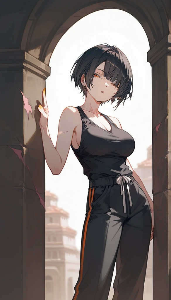 masterpiece, Score_9, Score_8_up, Score_7_up,1 woman, alone, black hair, very short hair, split bangs, gold and orange eyes, half-closed eyes, parted lips, expressionless, pale skin, large breasts, many scars, one scar on one eye, best quality, long open bangs, black sleeveless shirt, black V-neck, baggy pants, high heels