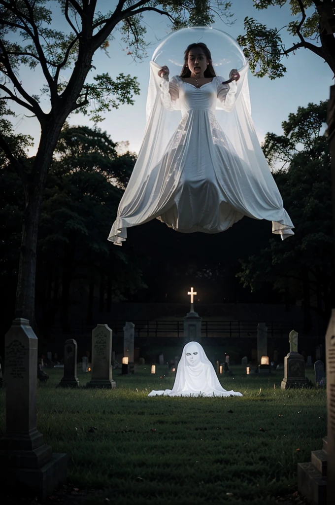 A ghost with a flying woman's head without a body except for organs in a scary graveyard background