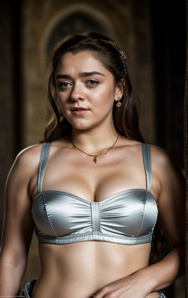 Foto RAW, Arya Stark, Stunning Beauty, Ravishing, Enchantress, Extremely gorgeous lady, Arya Stark PLAYED BY MAISIE WILLIAMS, Queen Arya Stark, she  a mature woman now, milf, sexy mediaeval battle dress, gladiator woman, body, 40 years old Woman, Roman slave dress, cotton dress, busty mediaeval costumes, body revealing costumes, perky breast, big natural breast, erotic costumes, lusty physique, seductive figure can capture every people's attention, Game of thrones costumes, revealing captivating figure, Mediaeval costumes, revealing clothes, A tomboy, she would rather fence than dance, warrior queen , game of thrones screen caps, Game of Thrones Series, (pele altamente detalhada: 1.2), 8k UHD, DSLR, soft-lighting, alta qualidade, grain of film, Fujifilm XT3, flawless picture, highly detailed, detailed Beauty, intricate, 32k, sharp picture,