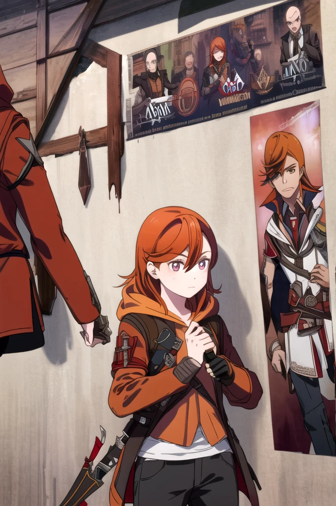 A girl, wearing a Young man in Assassins Creed style outfit, brown clothes, red hair, hoodie. holding a dagger, Assasins creed black pants, a plain poster background,hair orange,eyes purple,alone