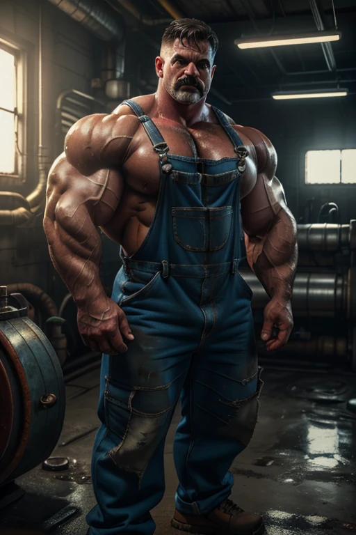 1 muscular plumber, overweight plumber, mustache, blue overalls, strong body, standing, fixing pipes, industrial setting, dirty, grease stains, sweat, determined expression, (best quality,4k,8k,highres,masterpiece:1.2),ultra-detailed,(realistic,photorealistic,photo-realistic:1.37),industrial,cinematic lighting,dramatic shadows,moody atmosphere