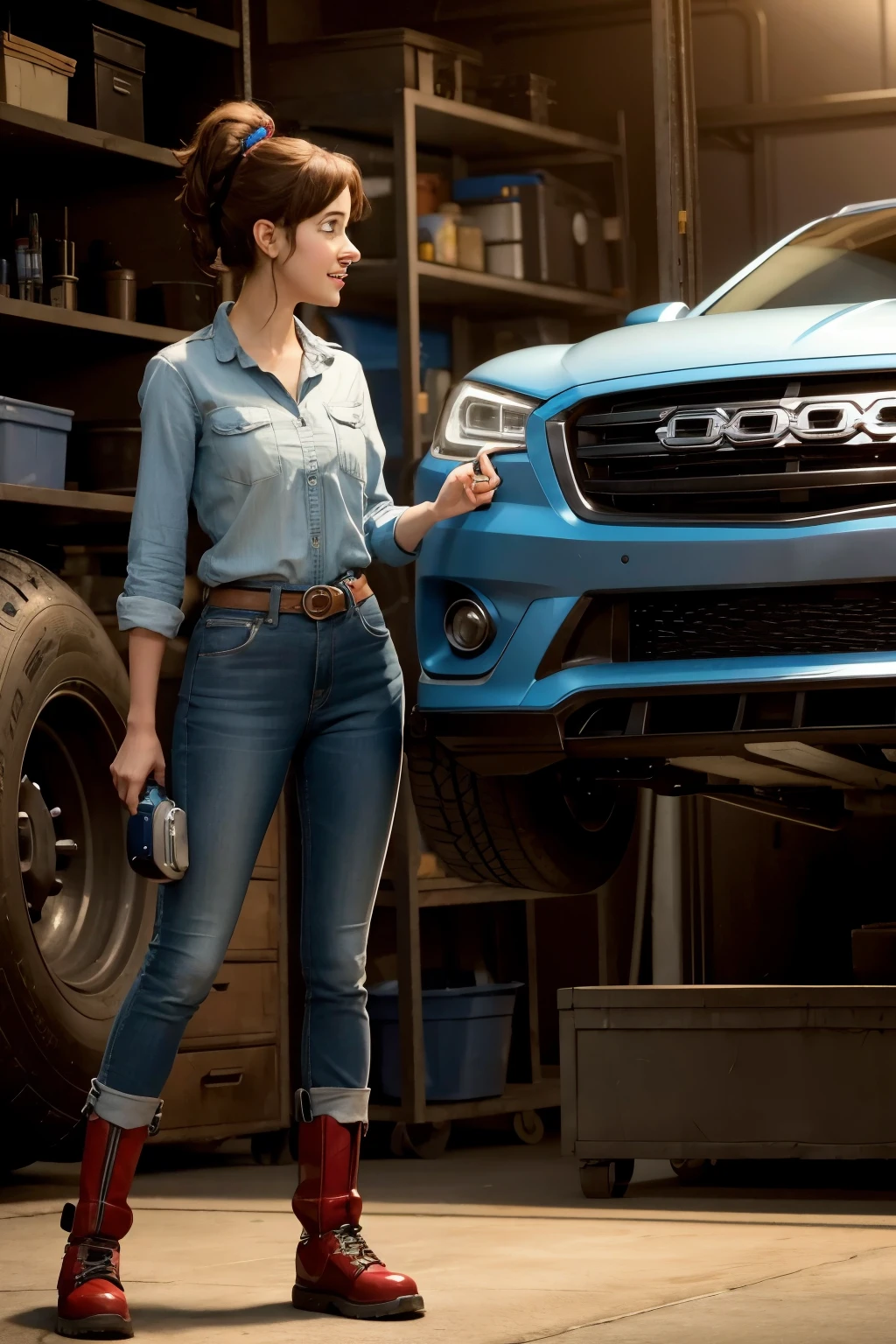 disney pixar cartton female character interacting with a robot in a mechanic shop