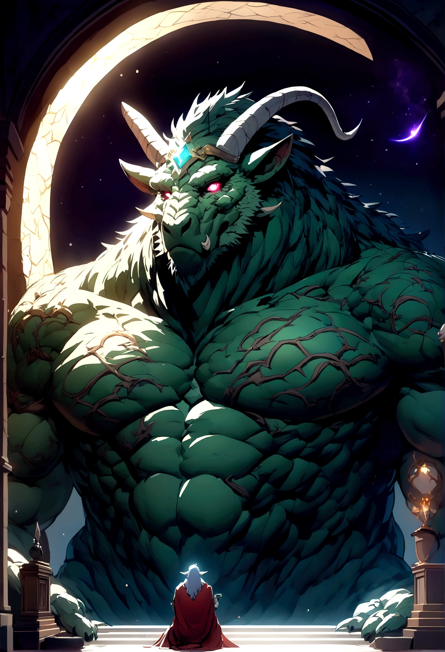 Modkainen, Mysterious Orc High Mage, Depicted as a Komodo dragon with huge muscles and ancient wisdom. His body is a perfect blend of human form and the raw power of a Komodo dragon.. Sculpted muscles ripple across his broad back and thick torso, His scaly skin is covered in intricate tattoos of occult symbols.，Glittering in a dark room.

His delicate, The charming face is framed by a curly horned mane, The tip of each gemstone is, A magical gem that emits an ethereal glow. deep, Sharp eyes, reminiscent of