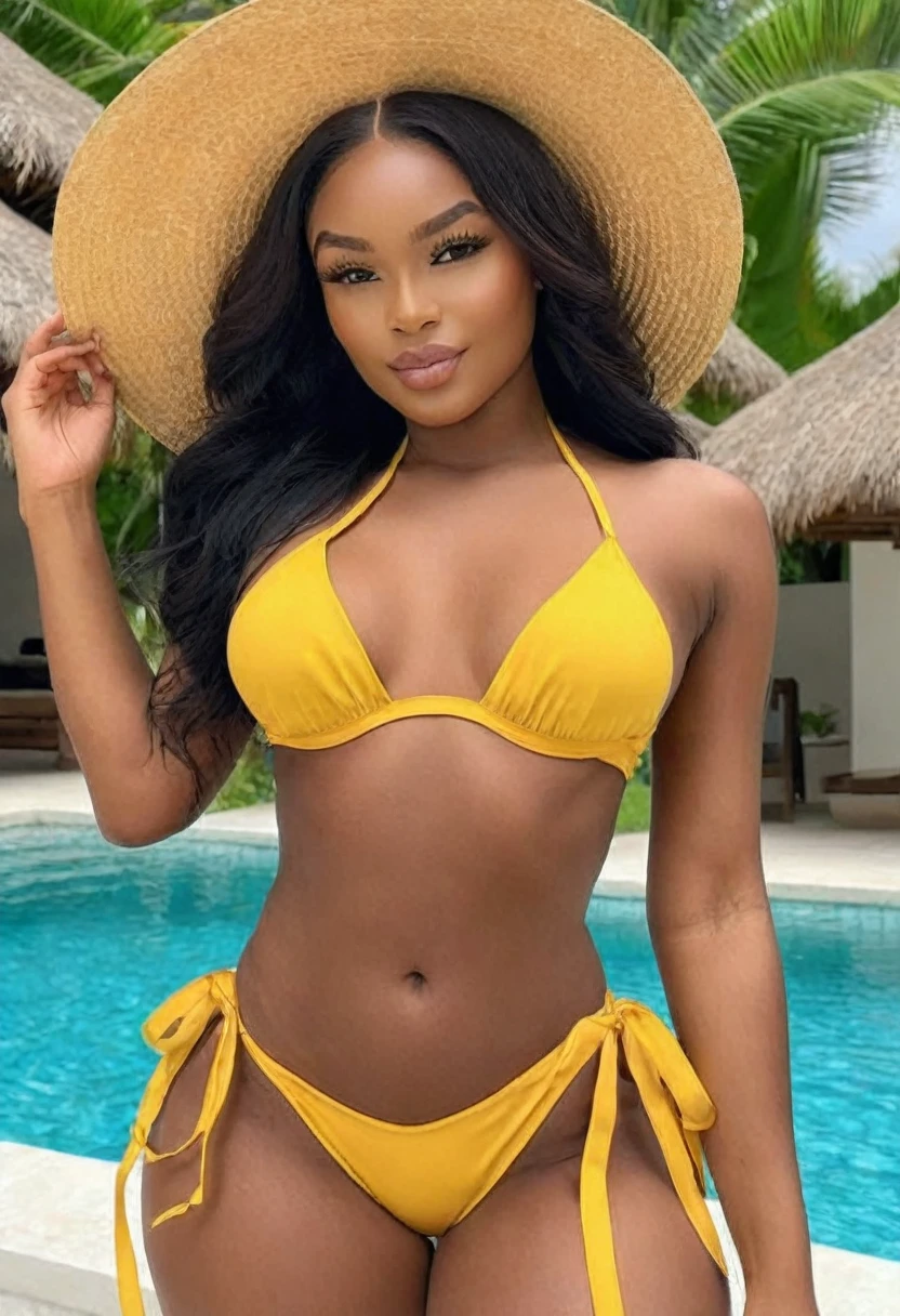 ((Best high quality:1.2)), Work of art, (8k), extremely detailed, ((High detail:1.2)), (HotLexi woman), Solo, ((24 years old pretty perfect Angolan female:1.4)), (bikini), (fix his hand to be anatomically correct),