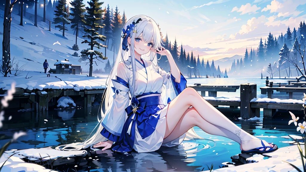((best quality，masterpiece，Extremely complex and exquisite details，There is only one sweet and beautiful girl with long white straight hair and blue eyes，Smile，long skirt))，(Exquisite light blue and white Japanese clothing，Beautiful bright and exquisite snow white ancient style high transparent architectural background)，(correct anatomy，exquisite face)，(touch flowers，Snow，Falling Flowers，Majestic and elegant outdoors)，((Long-distance full body picture of a single person，Sitting by the lake))，sweet atmosphere