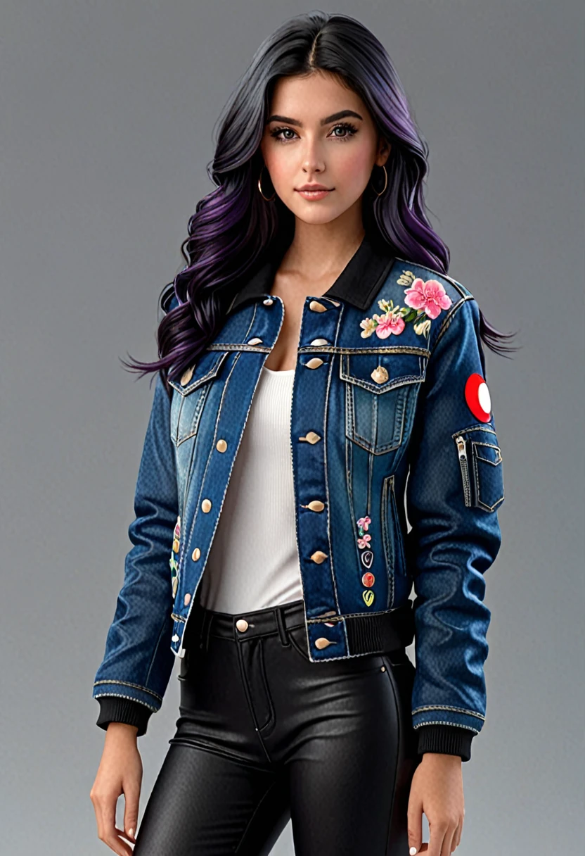 (masterpiece, 16k, ultra high res, ultra realistic, photorealistic:1.4), 1 girl, french girl (full body view, showing entire head and feet, proportional body), 20 years old, long hair, purple mix black hair, wearing a denim jacket (detailed jacket), detailed face with proportional eyes and blush, cinematic, epic, trending on artstation, full body from head to toe in frame, octane render