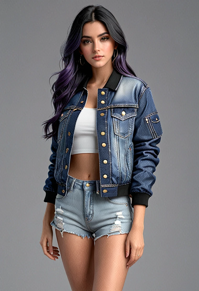 (masterpiece, 16k, ultra high res, ultra realistic, photorealistic:1.4), 1 girl, french girl (full body view, showing entire head and feet, proportional body), 20 years old, long hair, purple mix black hair, wearing a denim jacket (detailed jacket), detailed face with proportional eyes and blush, cinematic, epic, trending on artstation, full body from head to toe in frame, octane render