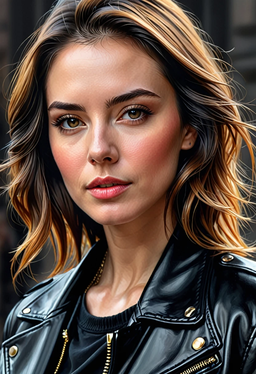 a close up of a woman with a black jacket and a black shirt, ultra realistic digital painting, very realistic digital art, high quality portrait, highly realistic digital art, realistic digital painting, photorealistic digital painting, ultra realistic digital art, ultrarealistic digital art, hyper realistic digital painting, realistic digital art, sharp looking portrait