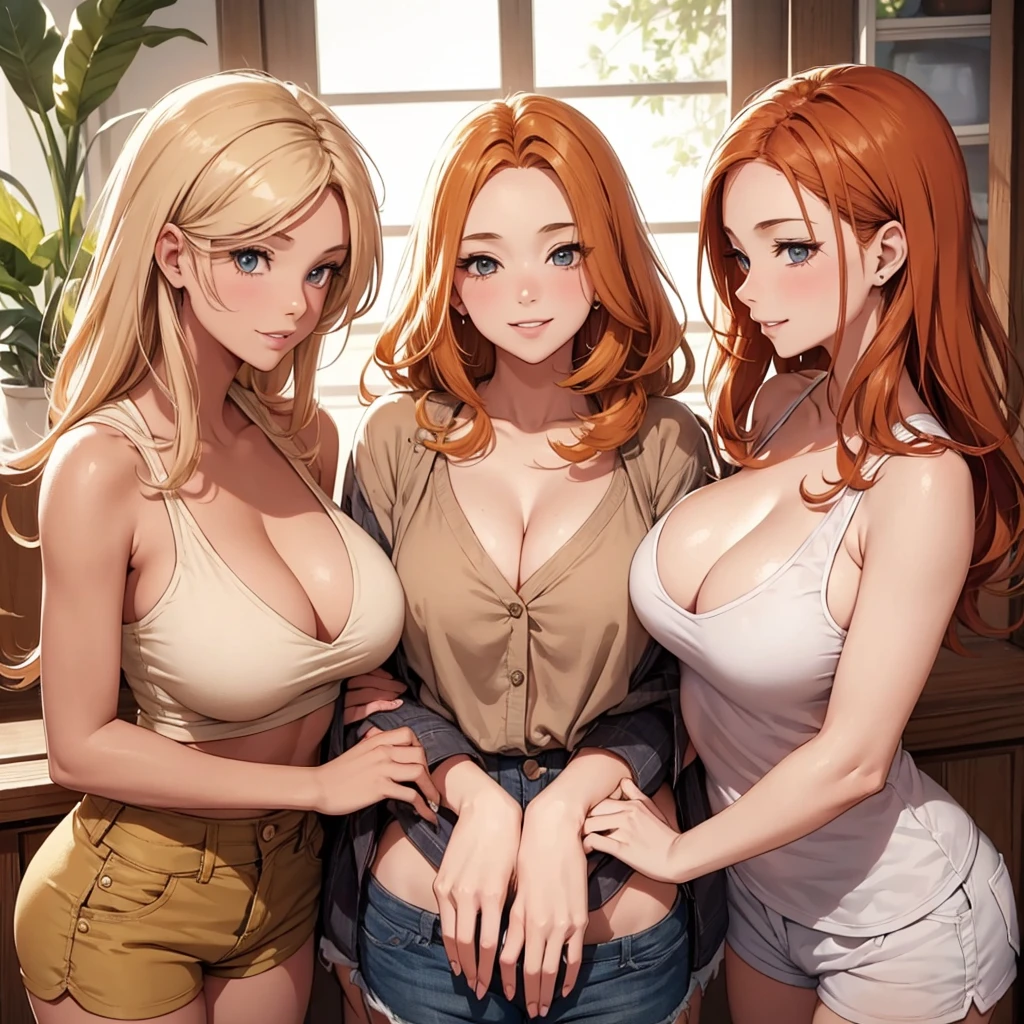 three ???? women looking down at 4 years old boy with blonde hair and shorts, flirtatious smiles, women have auburn hair