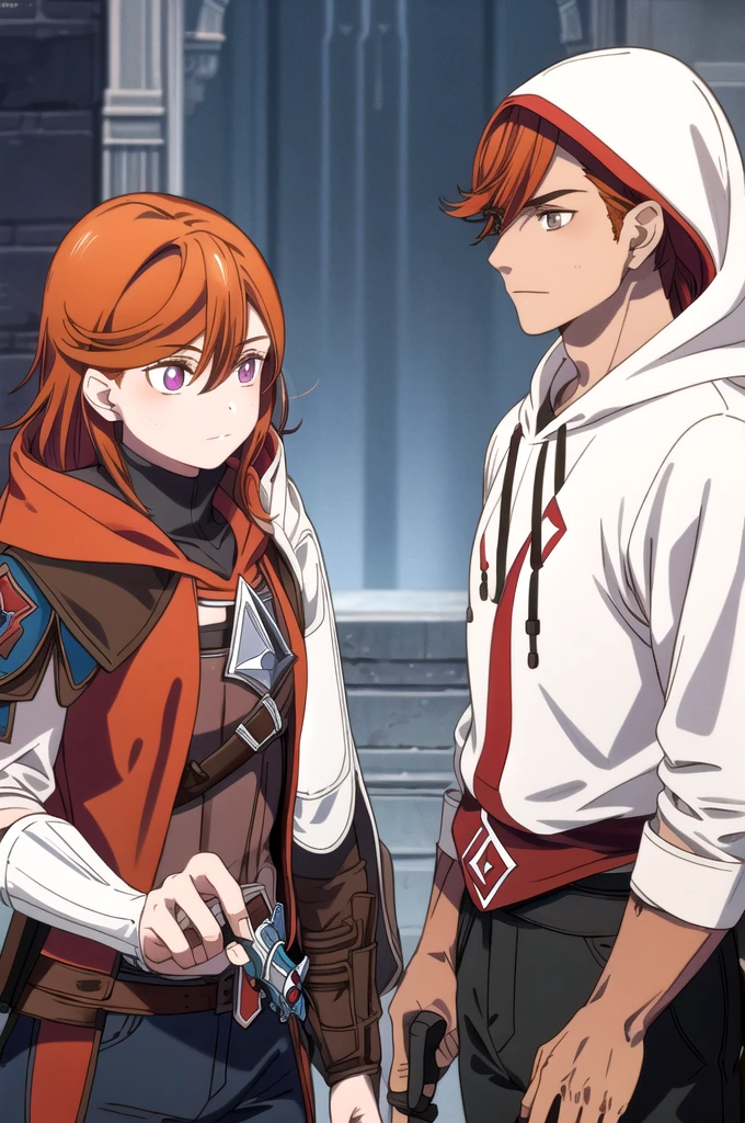 A girl, wearing a Young man in Assassins Creed style outfit, brown clothes, red hair, hoodie. holding a dagger, Assasins creed black pants, a plain Assasins creed background,hair orange,eyes purple,alone