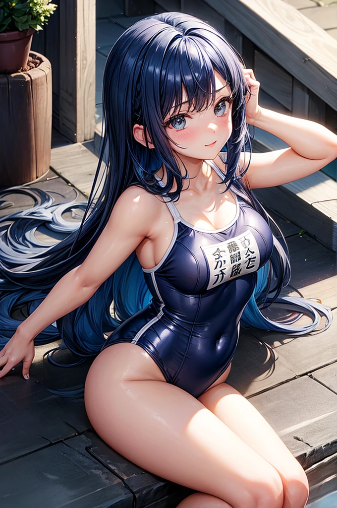 A beautiful woman wearing a navy blue school swimsuit that is so shiny it reflects light.、high school girl、Blue Hair、Obscene pose、She's a pervert、blush