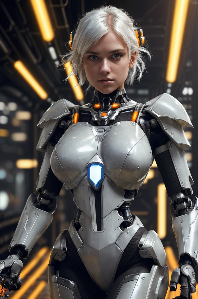 cgmech, , beautiful eyes, upper body, underboob, portrait, robot,white orange armor, white shimmering hair, neon light, 8K, RAW, best quality, masterpiece, ultra high res, colorful, (medium wide shot), (dynamic perspective), sharp focus , (depth of field, bokeh:1.3), extremely detailed eyes and face, beautiful detailed eyes,large breasts,(black gold, trimmed gear:1.2),(In a futuristic weapons factory:1.2), ((masterpiece, best quality)), Detailed background, spaceship interior