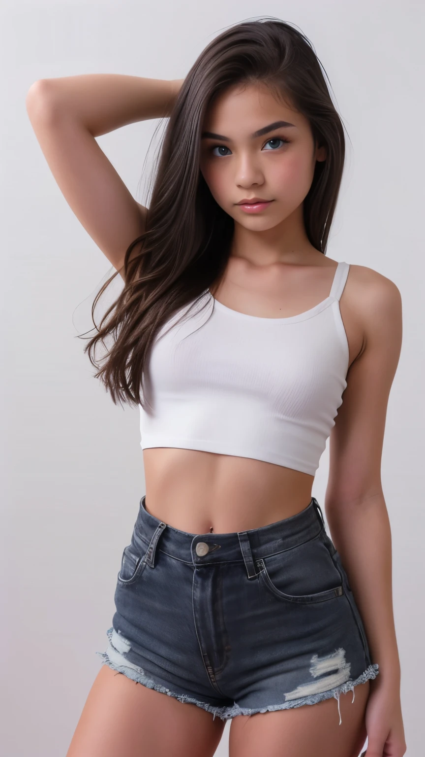 (Cute teen fashion model:1.5), thai girl, asian, close up, super tan skin, bust focus, natural light, tomboy, skinny, thin, slim, lean, slender, nubile, posing for picture, very long hair, waist length hair, black hair, raven hair, blueeyes, natural lighting, armpits, thin waist, thin hips, perfect lips, fat lower lip, young, youthful, teen, teenager, busty teen, pokies, grey background, tight crop top, tiny shorts, no_bra