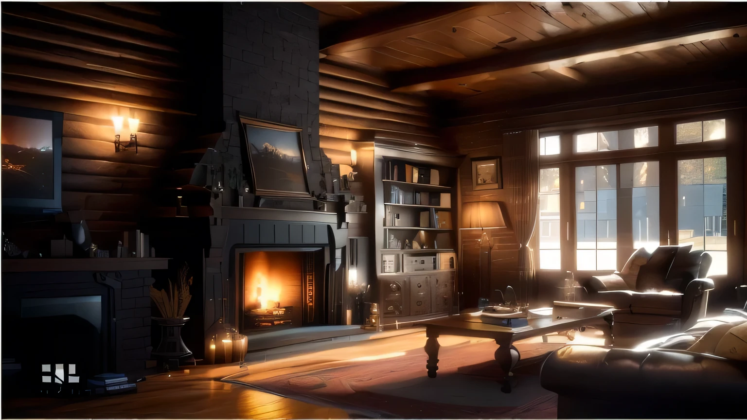 There is a living room with a fireplace, a large TV and a sofa., cozy wallpaper, Relaxing concept art, Cozy living room background, Cozy environment, Cozy home background, realistic unreal engine 3 d game, Unreal Engine realistic rendering, Highly realistic concept art, Cozy place, 8k high quality detailed art, Unreal Engine Rendering Styles, Ultra-realistic concept art, Unreal Engine 3D Rendering
