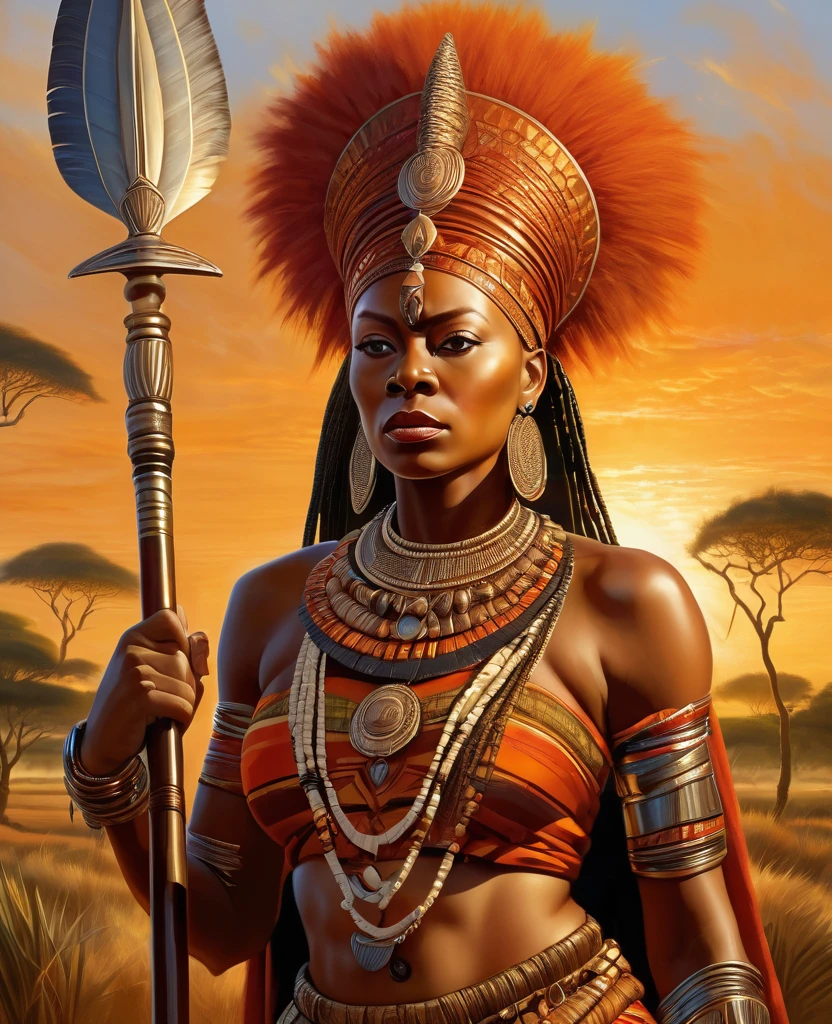 (masterpiece, UHD, highly detailed, oil painting, realistic, Greg Rutkowski style:1.3), Queen Nzinga, (17th-century African warrior attire:1.2), adorned with tribal jewelry, fierce expression, wielding a spear, African savannah background, setting sun, (warm hues of orange and red:1.2), detailed textures, rich colors, imposing presence, full body view, looking at viewer.
